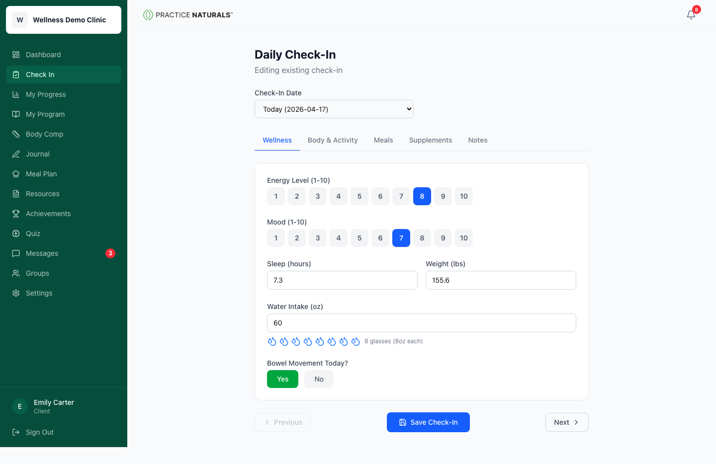 Client daily check-in page with weight, sleep, water, and energy